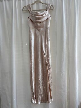 Selfie Leslie Pale Blush Satin Cowl Neck Maxi Dress